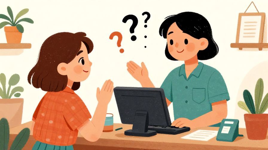 Illustration%20of%20a curious shopper politely asking a cashier with a gentle smile, question marks floating above, vibrant colors, illustrated style