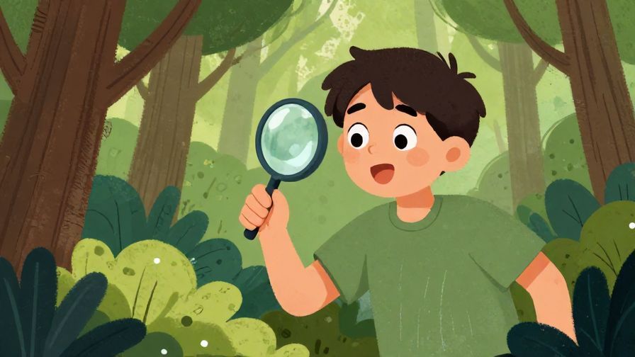 Illustration%20of%20a curious%20person%20exploring%20a%20forest%20with%20magnifying%20glass%20and%20excited%20expression%2C%20vivid%20greens%20and%20colors%2C%20illustrated%20style