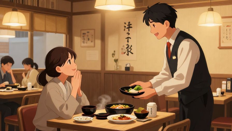 Illustration%20of%20a customer smiling and nodding to a waiter at a Japanese restaurant, conveying trust to choose a meal. Warm lighting, detailed restaurant interior.