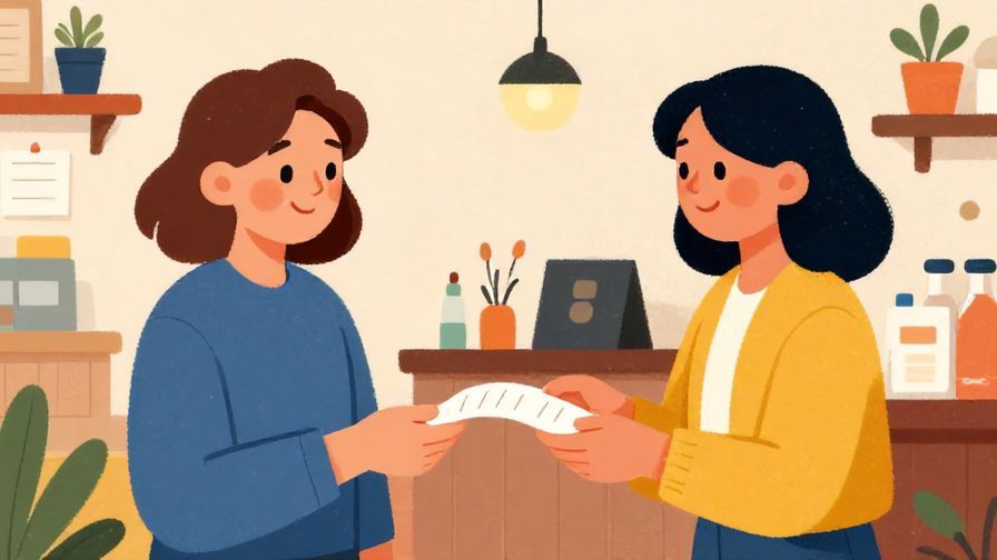 Illustration%20of%20a customer with a gentle smile politely requesting a receipt issuance, cozy store background, vibrant colors, illustrated style