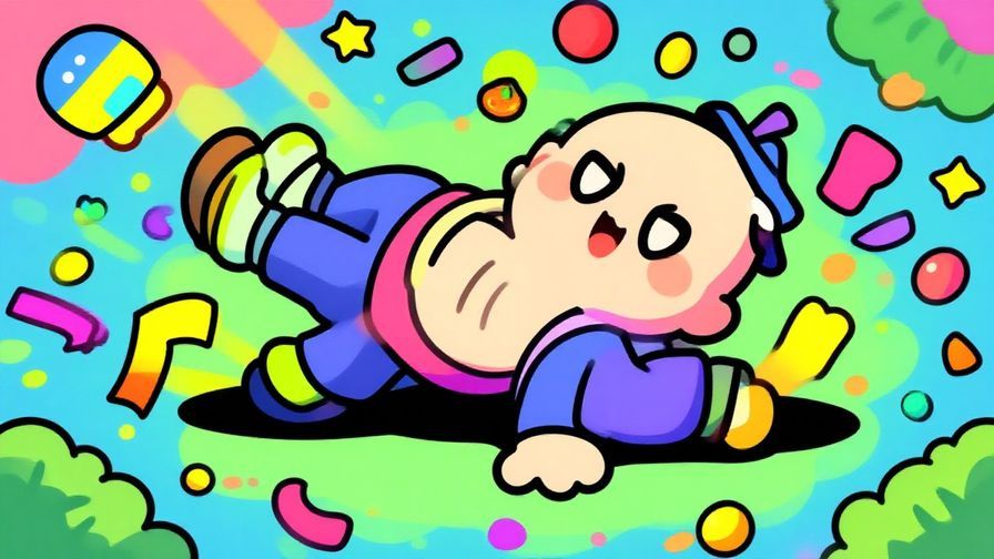 Illustration%20of%20a cute cartoon character collapsing dramatically, colorful and playful background, vibrant colors, illustrated style