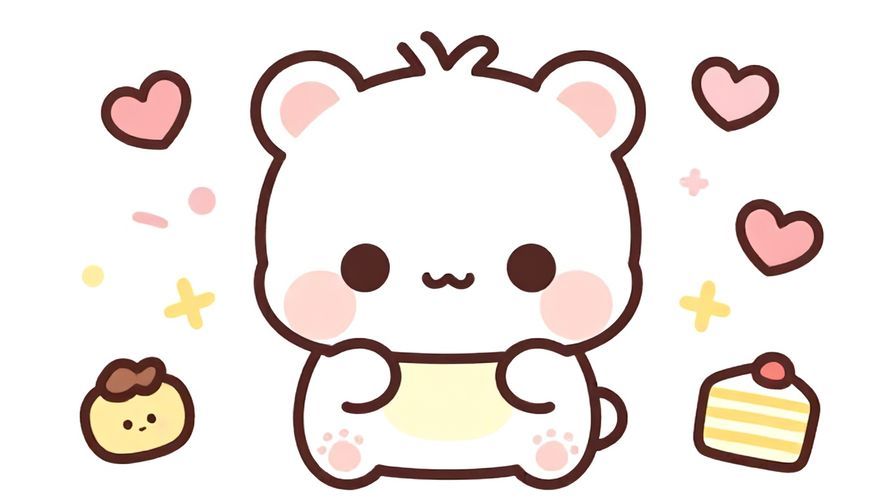 Illustration%20of%20a cute character with big eyes, holding tummy, surrounded by playful hearts and food icons, pastel colors, kawaii style