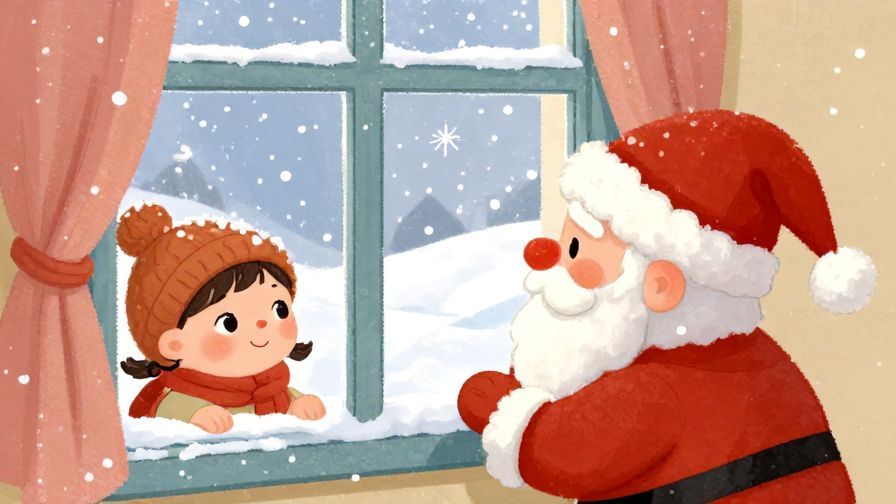 Illustration%20of%20a cute child eagerly looking out a window at snow falling, hoping for Santa’s arrival, warm and playful colors, illustrated style