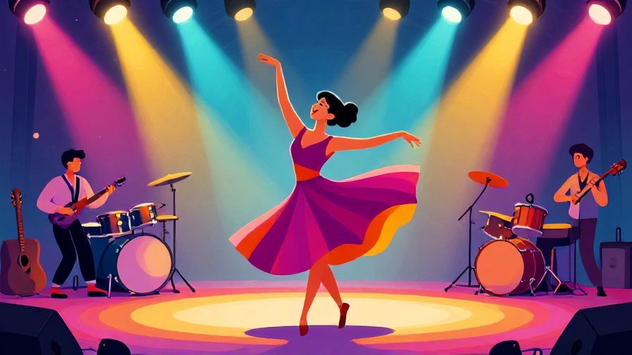 Illustration%20of%20a dancer joyfully moving to music with bright stage lights, vibrant colors, illustrated style