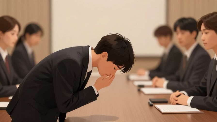 Illustration%20of%20a deeply apologetic person bowing slightly in a formal meeting room, soft lighting and serious mood