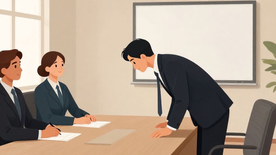 Illustration%20of%20a deeply bowing businessperson leaving a formal meeting room, muted tones, professional atmosphere, illustrated style
