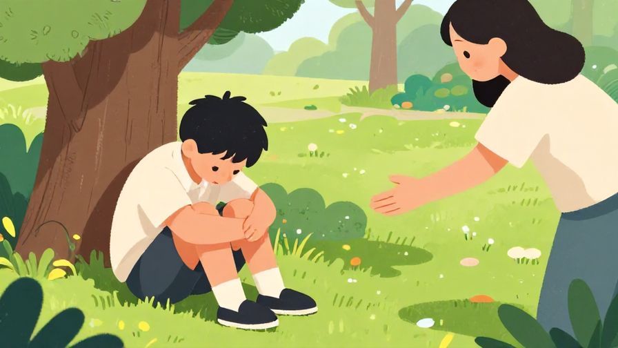 Illustration%20of%20a dejected character sitting with head down, and a friend offering a hand to cheer them up, colorful park scene