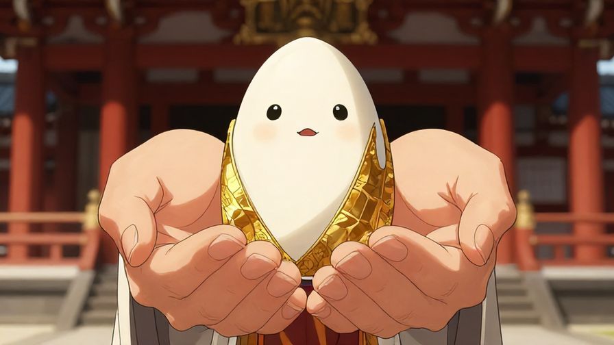 Illustration%20of%20a delicate, finely detailed omamori with gold accents, held respectfully in both hands in a temple setting