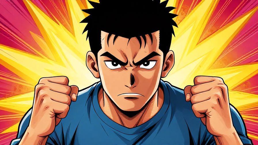 Illustration%20of%20a determined character clenching fists with a challenging look, vibrant comic-style background