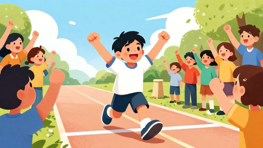 Illustration%20of%20a determined character crossing a finish line with a big smile, cheering crowd, bright colors, illustrated style.