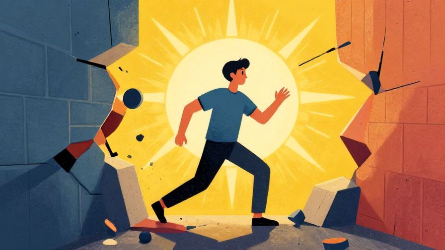 Illustration%20of%20a determined figure breaking through a wall of obstacles toward sunlight%2C%20vibrant%20colors%2C%20illustrated%20style