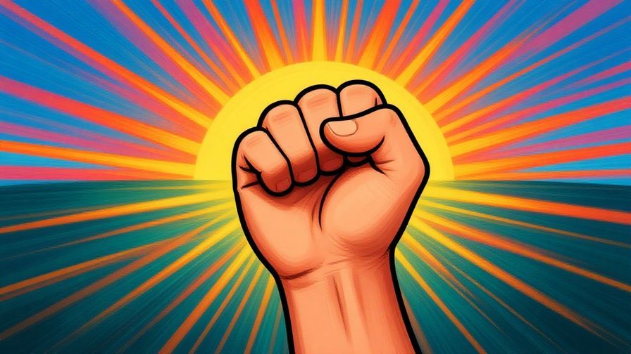 Illustration%20of%20a determined person clenching their fist with a bright sunrise behind, symbolizing resolve and hope. Vibrant, energetic colors, illustrated style