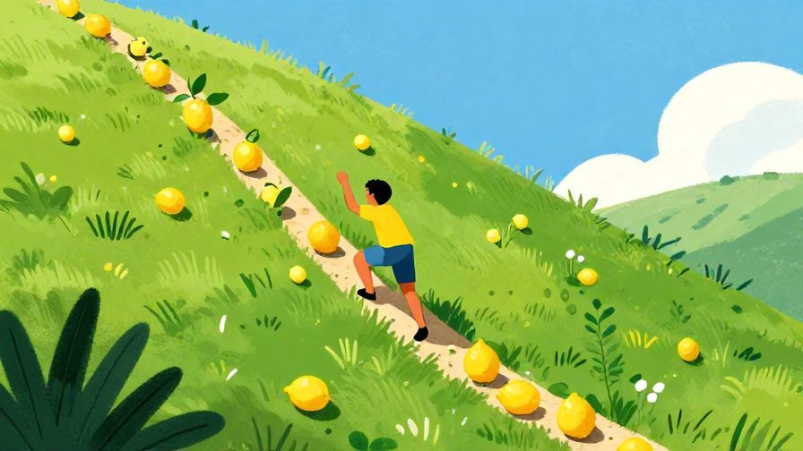 Illustration%20of%20a determined person climbing a steep hill with lemons along the path, bright sunlight, vibrant colors, illustrated style