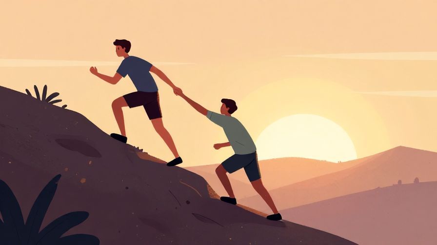 Illustration%20of%20a determined person energetically helping another climb a steep hill, sunrise background, motivational vibe, illustrated style