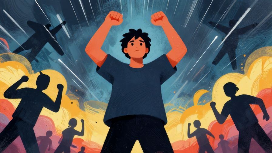 Illustration%20of%20a determined person standing tall amid a storm, fists clenched, vibrant colors, illustrated style