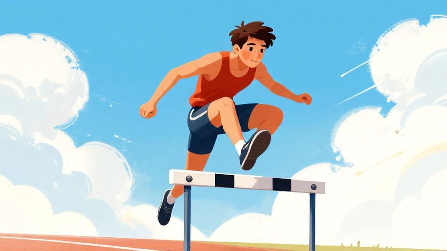 Illustration%20of%20a determined young adult jumping over a hurdle with a bright sky behind, vibrant colors, illustrated style