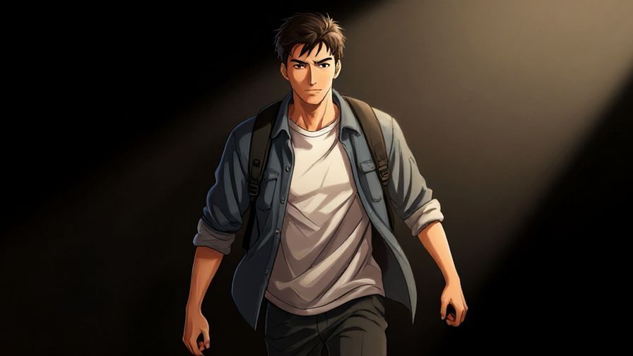 Illustration%20of%20a determined young man stepping forward boldly, confident expression, dramatic lighting, illustrated style