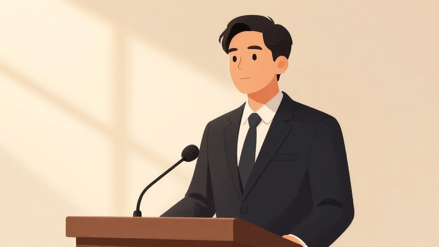 Illustration%20of%20a dignified person standing calmly on a podium, with a serene confident look, in a formal setting, warm light, illustrated style