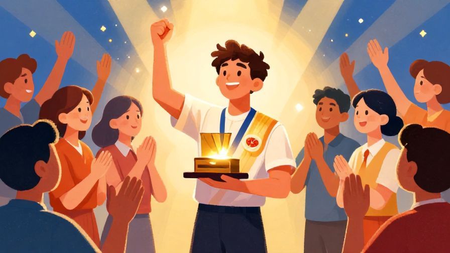 Illustration%20of%20a dignified winner holding a shining prize chest surrounded by admiring crowd%2C%20vibrant%20colors%2C%20illustrated%20style