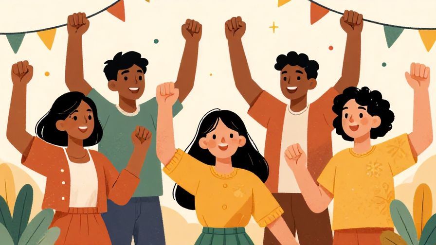 Illustration%20of%20a diverse group celebrating with joy after overcoming obstacles, bright festive atmosphere, illustrated style.