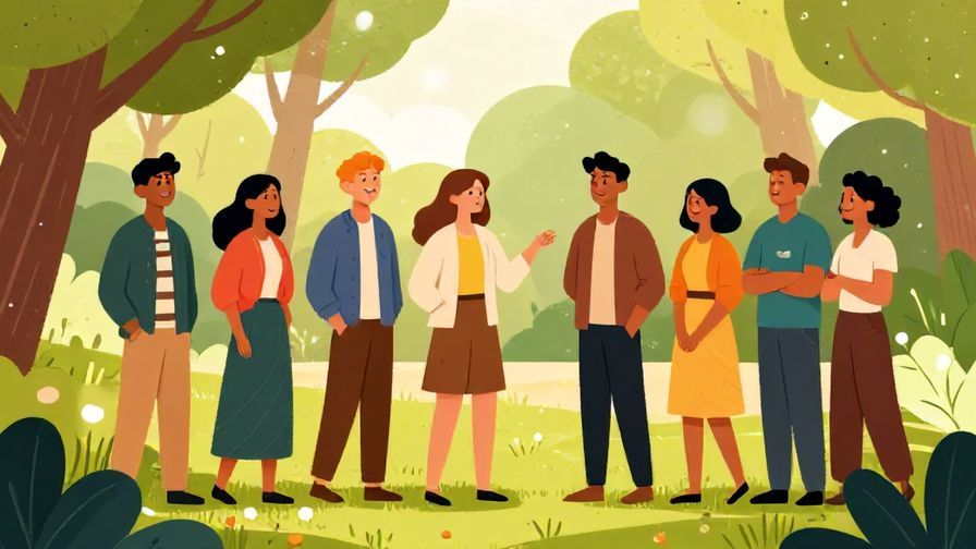 Illustration%20of%20a diverse%20group%20of%20people%20smiling%20and%20interacting%20in%20a%20park%2C%20sunlight%20filtering%20through%20trees%2C%20vibrant%20colors%2C%20illustrated%20style