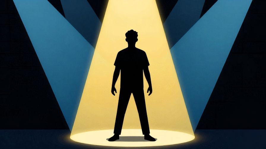 Illustration%20of%20a dramatic scene with a person standing confidently under spotlight, bold colors, intense atmosphere, illustrated style