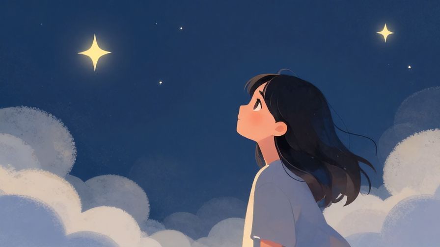 Illustration%20of%20a dreamy person gazing into the distance with soft stars and clouds around, illustrated style