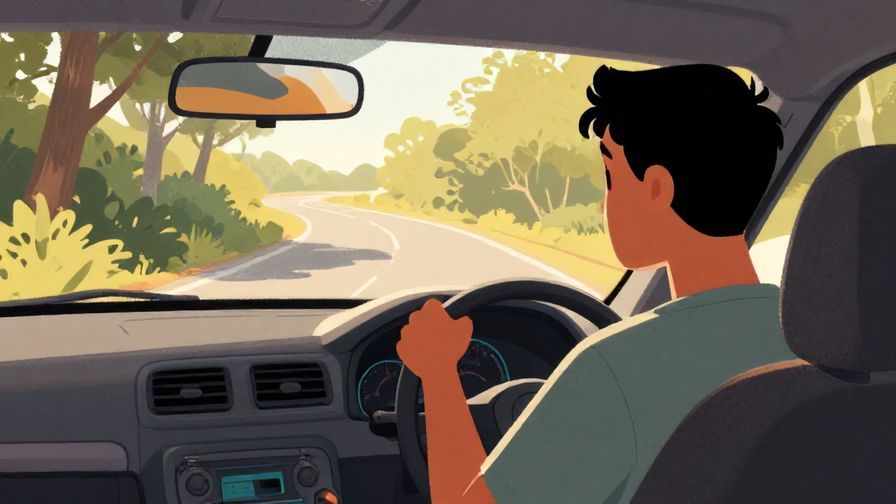 Illustration%20of%20a driver attentively steering a car through a winding road, surrounded by trees and warm afternoon light
