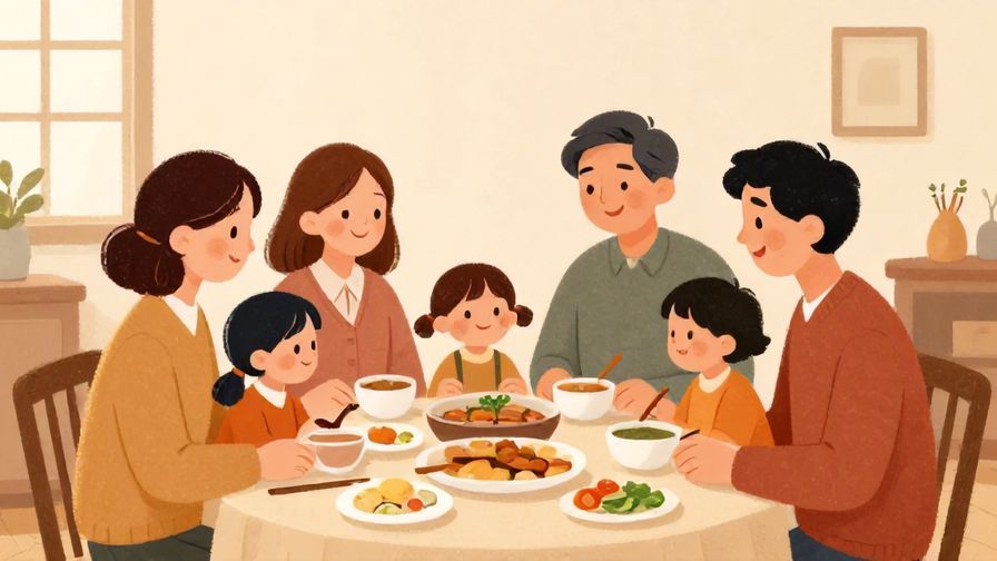 Illustration%20of%20a family gathered around a table ready to eat, warm smiles, cozy home setting, soft lighting, illustrated style