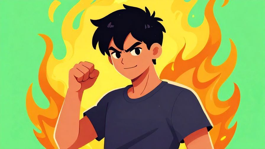 Illustration%20of%20a fiery young person%20clenching%20their%20fist%20with%20a%20defiant%20smile%20and%20bright%20background%20colors%2C%20illustrated%20style