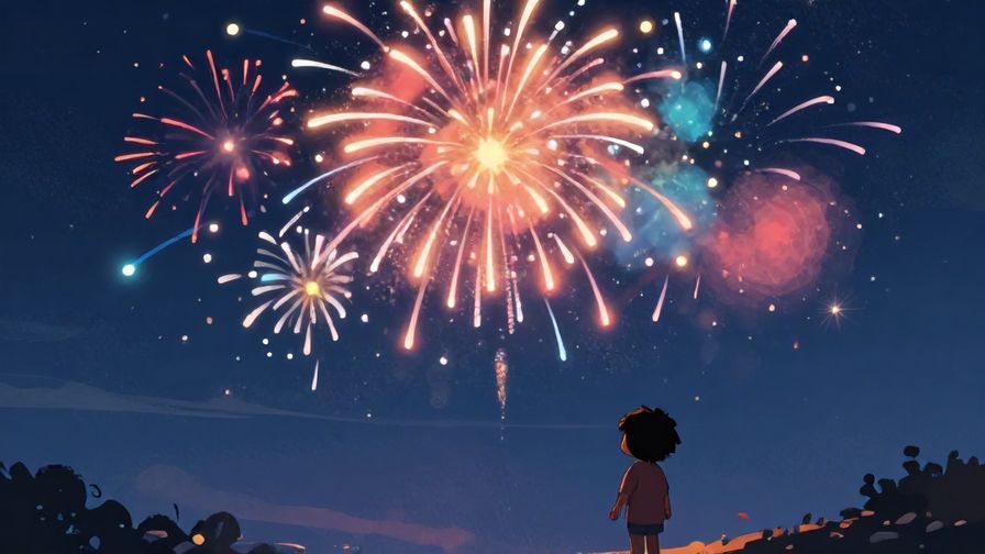 Illustration%20of%20a firework quickly exploding and fading in a night sky, with a surprised character watching, vibrant colors