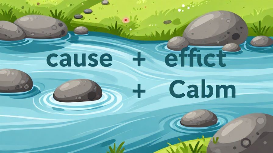 Illustration%20of%20a flowing river with stones, symbolizing cause and effect, calm and reflective atmosphere, vibrant colors