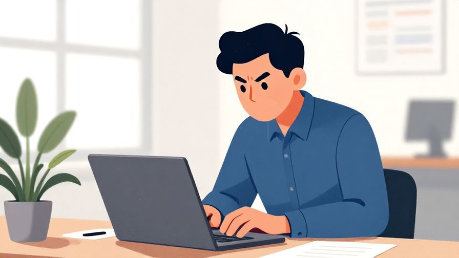 Illustration%20of%20a focused businessperson typing on a laptop with urgency, modern office environment, bright colors, illustrated style