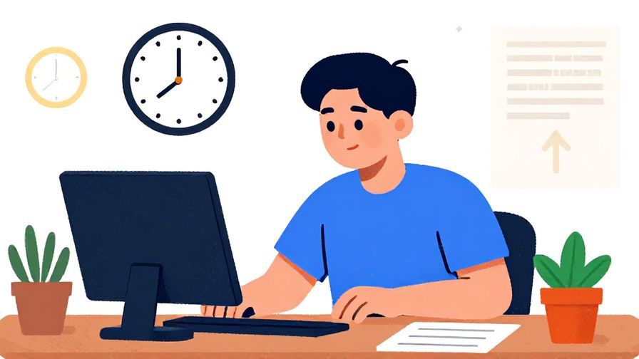 Illustration%20of%20a focused person working at a desk with a clock showing time passing, vibrant colors, illustrated style