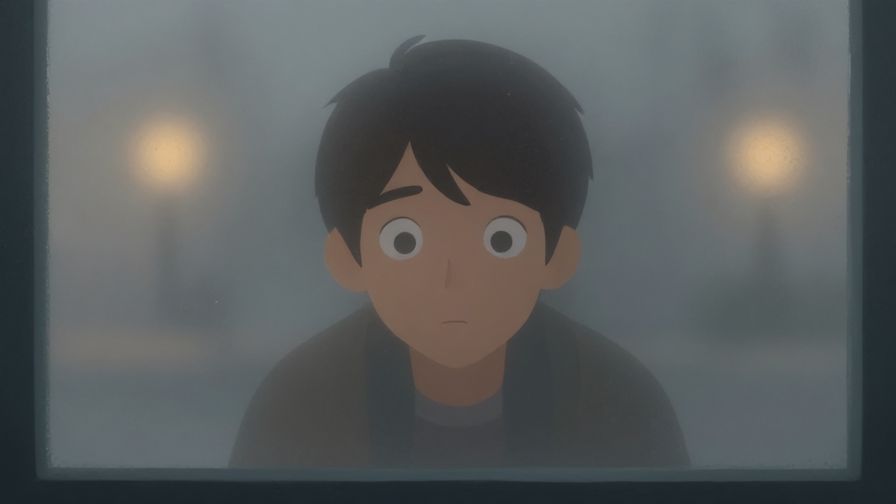 Illustration%20of%20a foggy window with blurred lights outside, a person peering through with a curious expression, muted colors