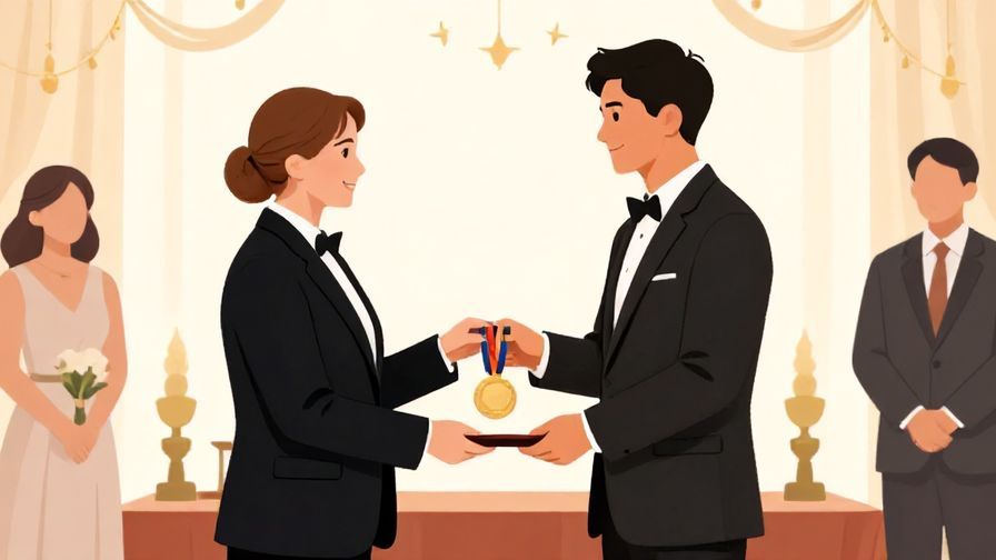 Illustration%20of%20a formal award ceremony%2C%20with%20a%20winner%20receiving%20a%20medal%20from%20an%20official%2C%20elegant%20setting%2C%20bright%20colors%2C%20illustrated%20style