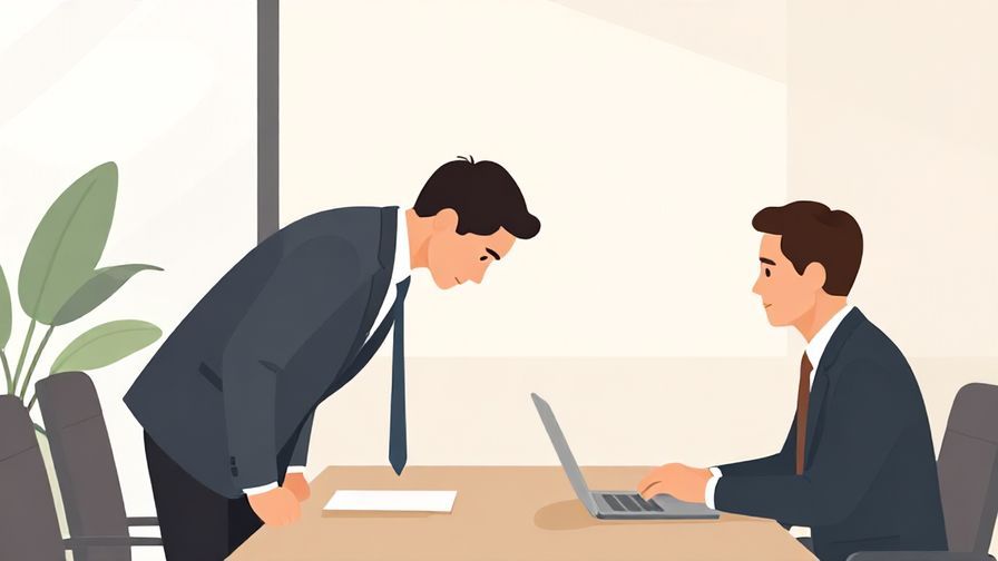 Illustration%20of%20a formal businessperson bowing slightly while leaving an office meeting, muted professional colors, illustrated style