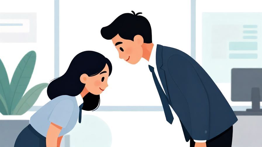 Illustration%20of%20a formal businessperson bowing slightly with a respectful smile, modern office background, vivid colors