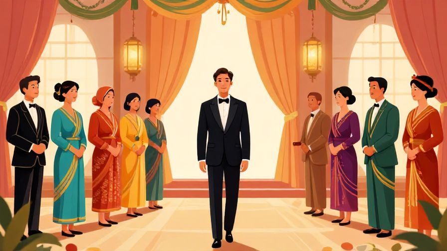 Illustration%20of%20a formal ceremony group standing ready to move forward, elegant traditional setting, vibrant colors