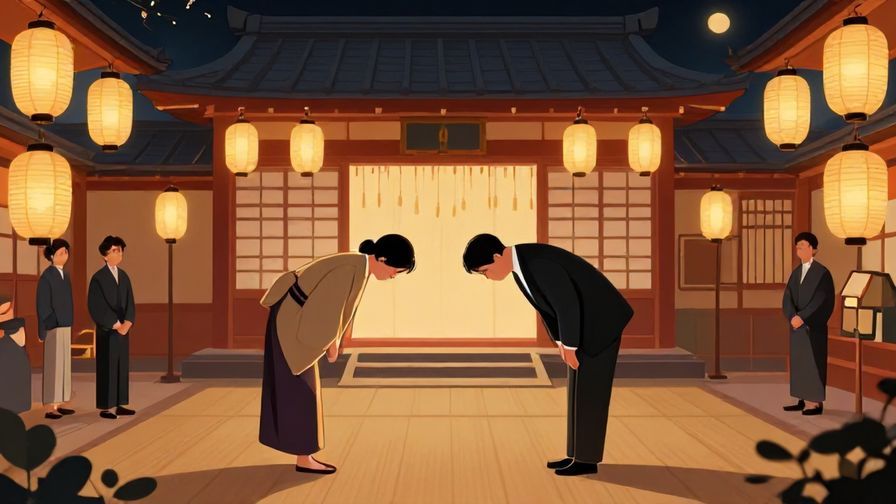 Illustration%20of%20a formal ceremony with a person bowing, traditional Japanese architecture softly lit by lanterns