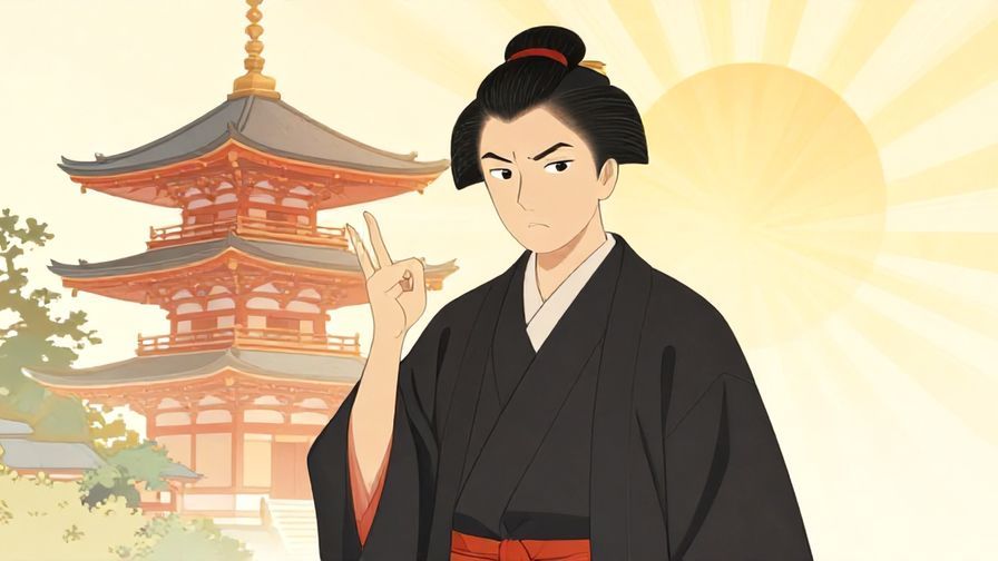 Illustration%20of%20a formal character in traditional clothing with a disapproving gesture%2C background of a Japanese temple with sun rays%2C elegant illustrated style