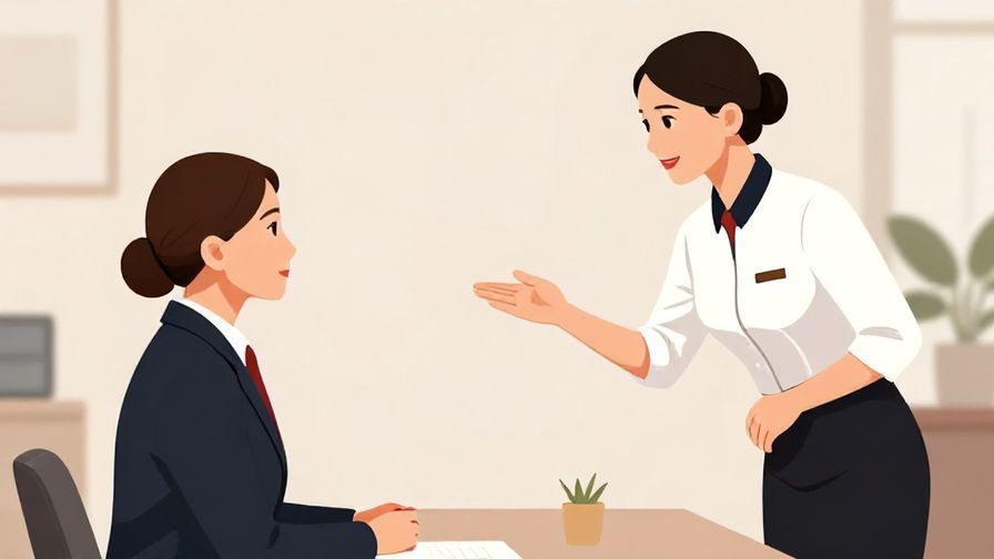 Illustration%20of%20a formal customer service interaction, a clerk bowing slightly while gesturing forward, elegant and neat environment