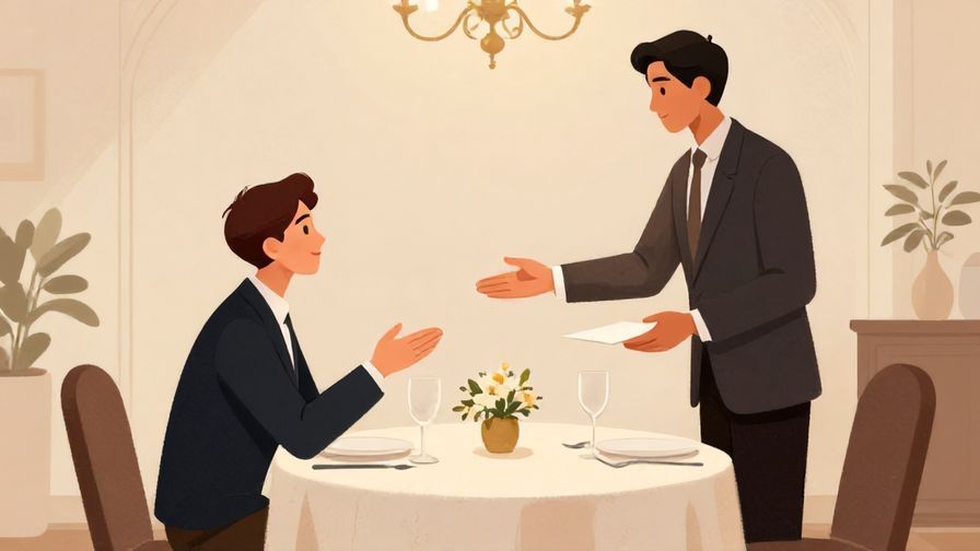 Illustration%20of%20a formal dining table with a customer politely gesturing to the waiter, soft lighting, elegant atmosphere, illustrated style