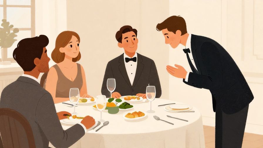 Illustration%20of%20a formal dinner setting with elegantly dressed people, a respectful person speaking humbly with a slight bow, soft lighting, illustrated style