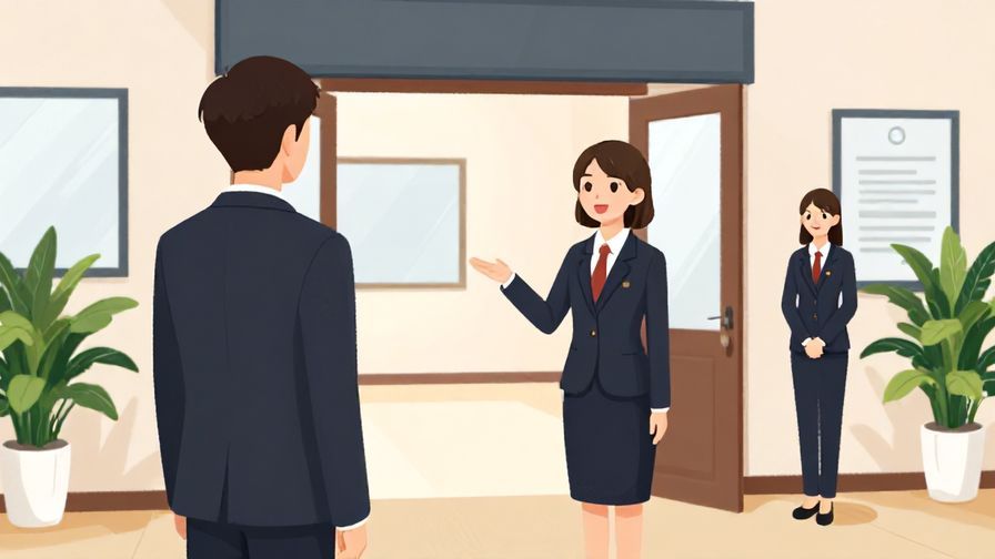 Illustration%20of%20a formal entrance to an office or room, a staff member politely inviting the next visitor inside