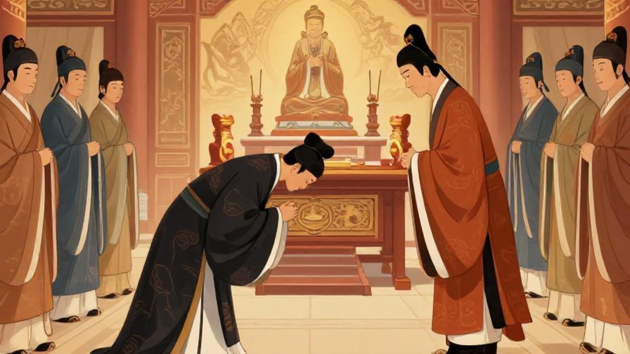 Illustration%20of%20a formal figure bowing deeply in front of an ancestral altar, solemn and respectful atmosphere, detailed traditional background, illustrated style