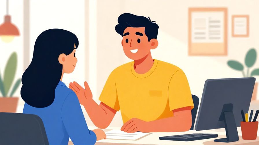 Illustration%20of%20a formal figure encouraging someone with a supportive smile in a bright office setting, vibrant colors, illustrated style