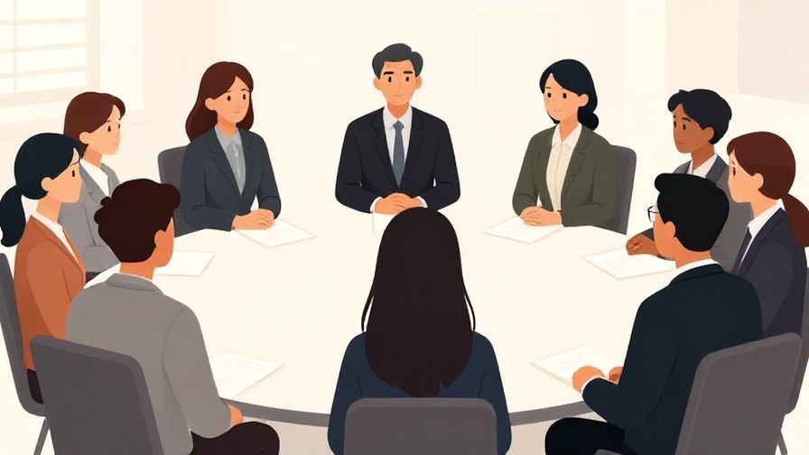 Illustration%20of%20a formal gathering with a calm discussion, people listening attentively, professional attire, soft lighting