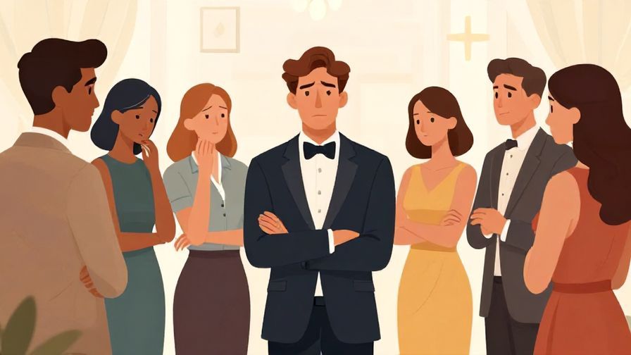 Illustration%20of%20a formal gathering%20with%20someone%20looking%20apologetic%20while others%20appear%20uncomfortable%2C%20elegant%20colors