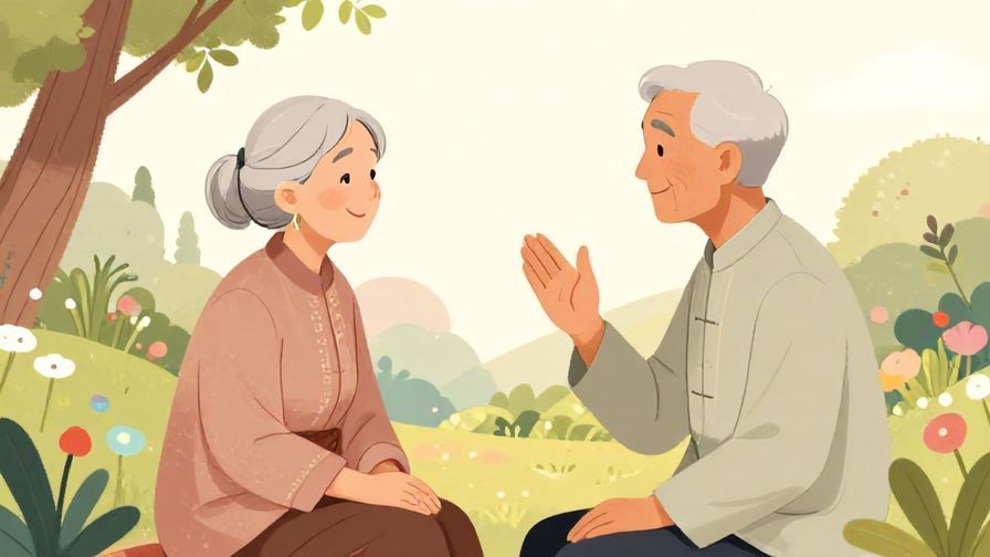 Illustration%20of%20a formal greeting between two elderly people in traditional attire, serene garden background, soft pastel colors, illustrated style